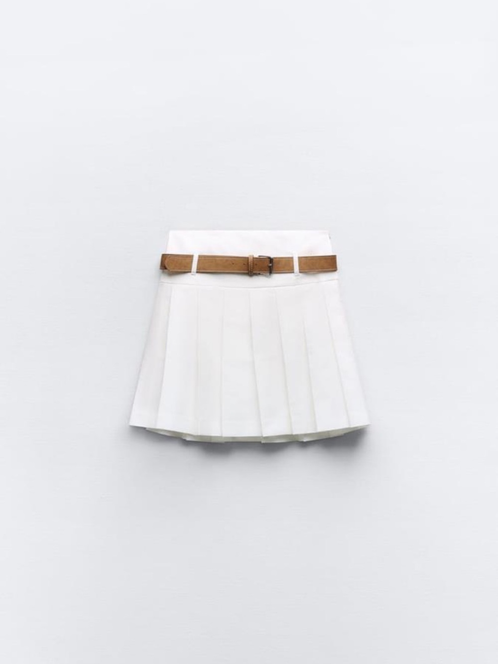 Zara White Pleated Mini Skirt with Tan Belt